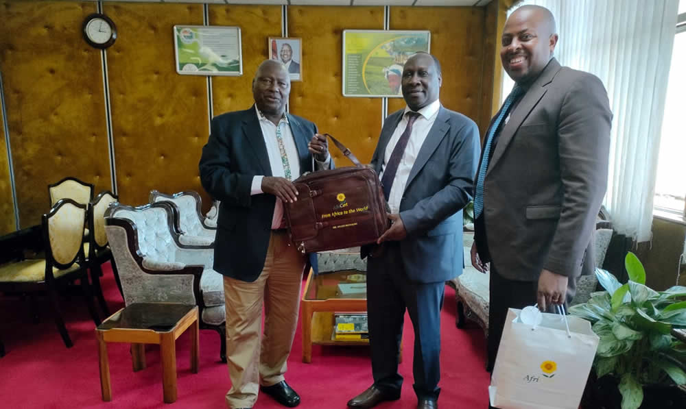 KTDA CEO, Mr. Wilson Muthaura at Farmer’s Building. Present AfriCert Group Finance Director Mr. G.M. Wathigo (Left) and MD (right)